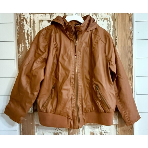 Women's New Look Faux Leather Full Zip Hooded Jacket - Brown - Size 2X - Picture 1 of 6